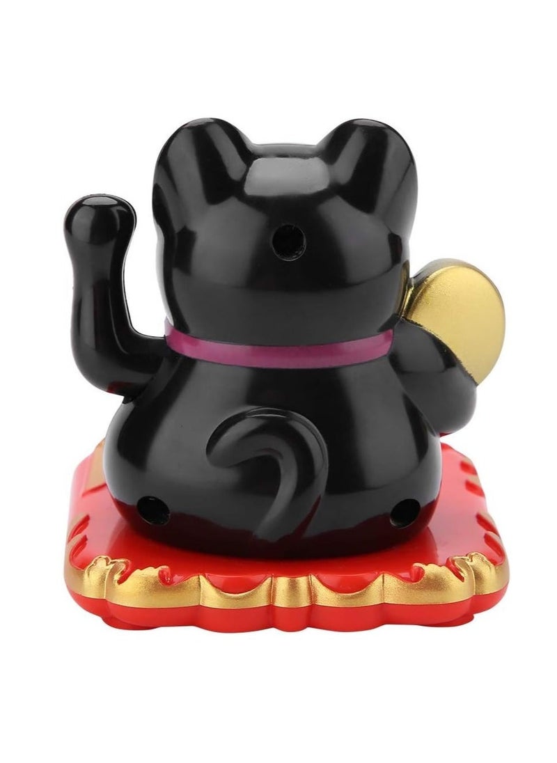 Solar Powered Lovely Lucky Cat Ornaments Desktop Craft Art Home Shop Hotel Shaking Hand Chinese Lucky Cat Wealth Waving Fortune Home Decor (Black)