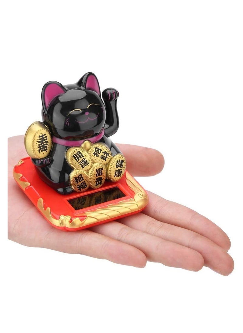 Solar Powered Lovely Lucky Cat Ornaments Desktop Craft Art Home Shop Hotel Shaking Hand Chinese Lucky Cat Wealth Waving Fortune Home Decor (Black)