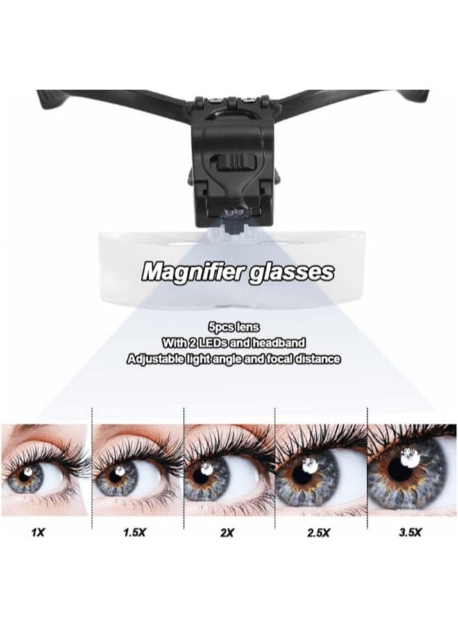 Head Magnifying Glasses Loupe, Headband Magnifier with 5 Lens LED Lamp for Eyelashes Extension Tattoo, Jeweler Watch Repair and Reading