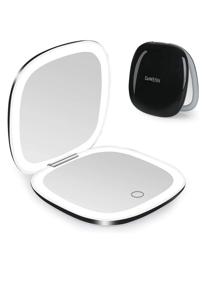 deweisn Compact Mirror, Lighted Travel Makeup Mirror with 1X/10X Magnifying Double Sided Dimmable Portable Pocket Mirror for Handbag, USB Charging(Black)