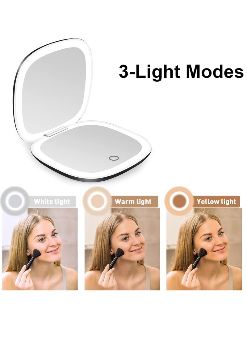 deweisn Compact Mirror, Lighted Travel Makeup Mirror with 1X/10X Magnifying Double Sided Dimmable Portable Pocket Mirror for Handbag, USB Charging(Black)