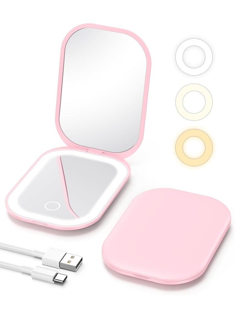 Gospire Lighted Travel Makeup Mirror with Light and Magnification, 3X Magnification Rechargeable Compact Mirror with Three-Color Adjustable Light, Led Mini Mirror for Purse - Pink