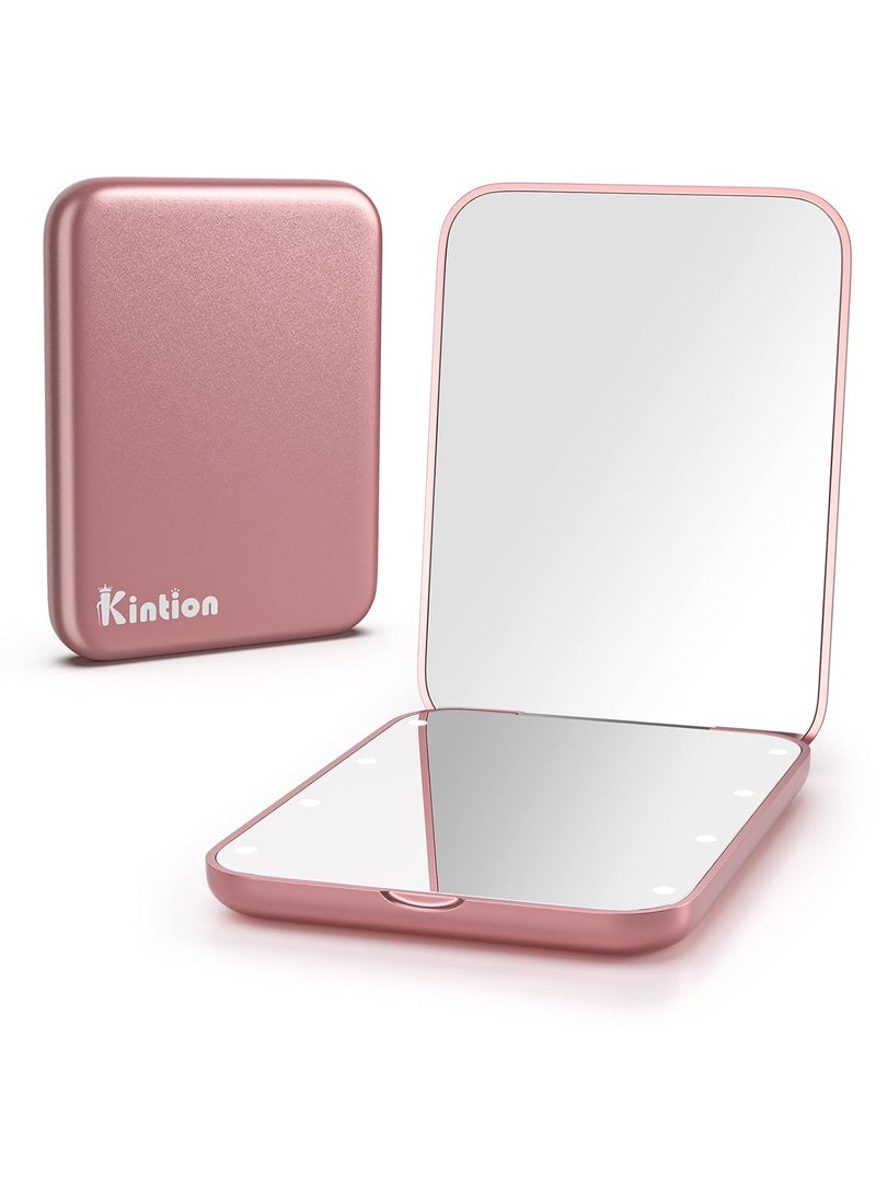 Kintion Pocket Mirror, 1X/3X Magnification LED Compact Travel Makeup Mirror with Light for Purse, 2-Sided, Portable, Folding, Handheld, Small Lighted Mirror for Gift, Rose Gold