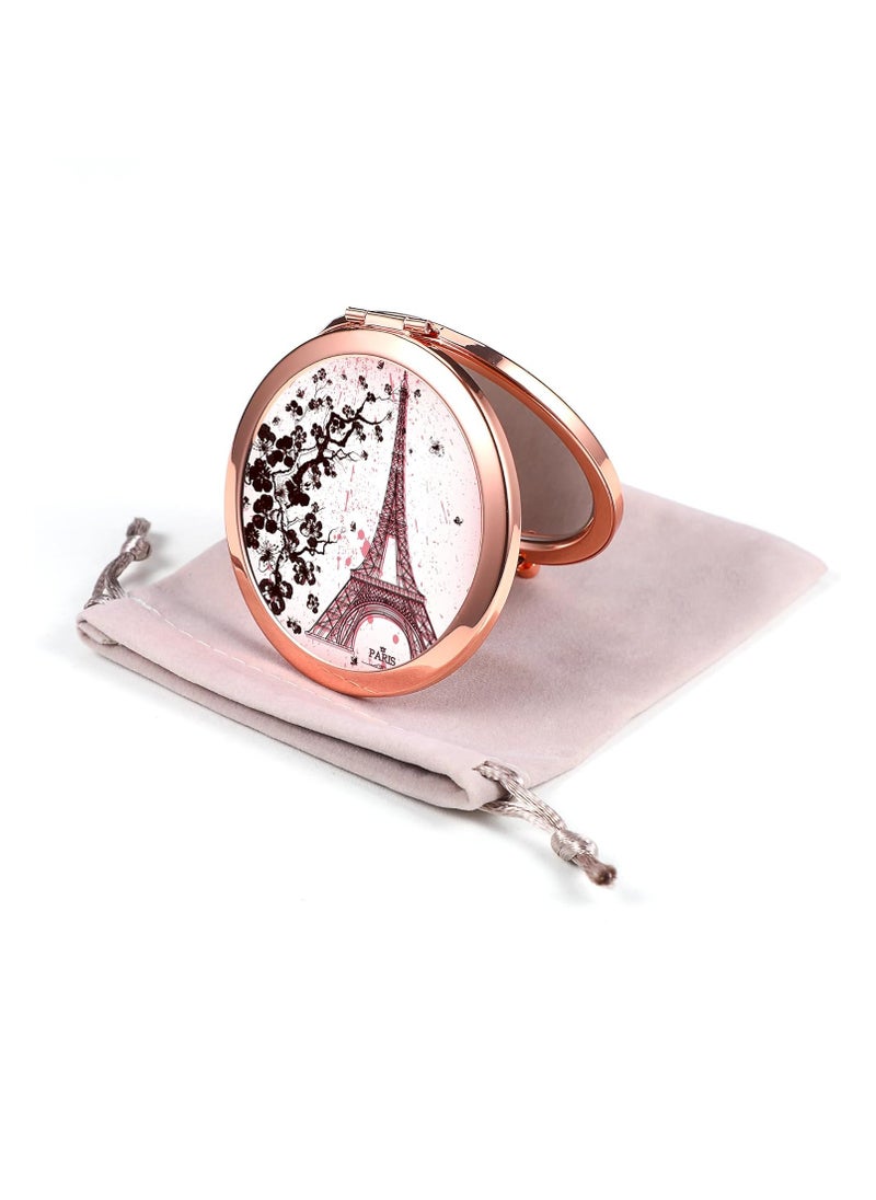 Dynippy Compact Mirror Rose Gold Makeup Mirror Folding Mini Pocket Mirror Portable Hand Mirror Double-Sided 2 x 1x Magnification for Woman Girls (A-Eiffel Tower)
