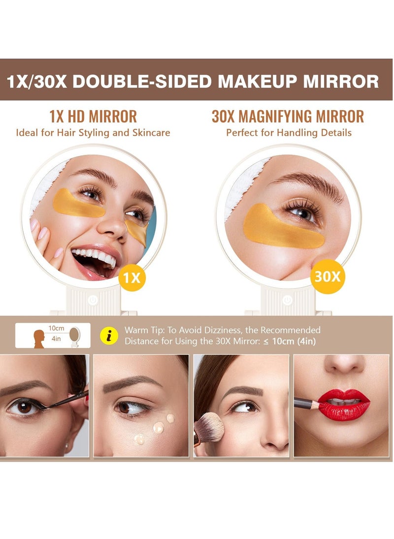 1X/ 30X Magnifying Mirror with Light, Double Sided Makeup Mirror with Adjustable Folding Handle, Lighted Vanity Mirror with Tweezer, Portable Tabletop Mirror for Travel Home
