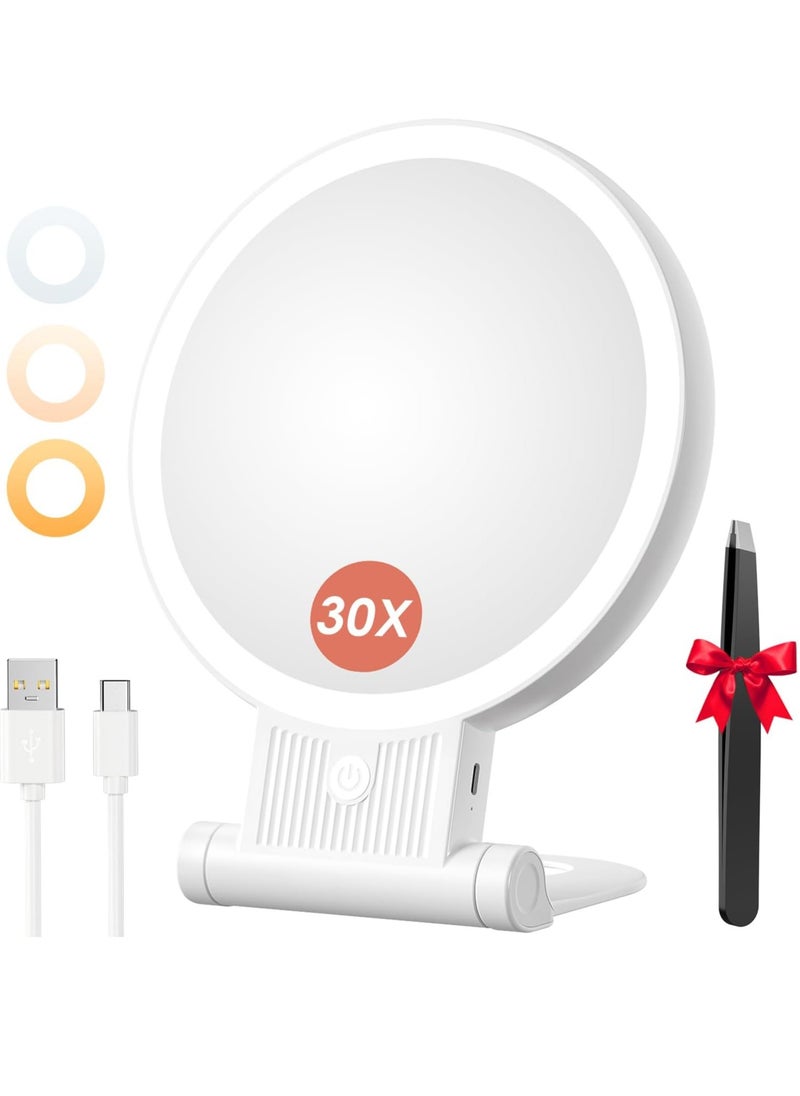 1X/ 30X Magnifying Mirror with Light, Double Sided Makeup Mirror with Adjustable Folding Handle, Lighted Vanity Mirror with Tweezer, Portable Tabletop Mirror for Travel Home
