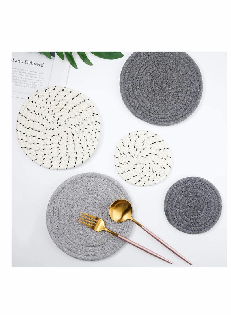 Mat, 6 Pieces Pot Trivets Large Braid Woven Trivet Coaster, Cotton Thread Weave Cup Coaster Hot Pot Dish Trivet Pad Mat for Kitchen Cooking Supplies (7 Inch and 4.7 Inch, Gray Series)