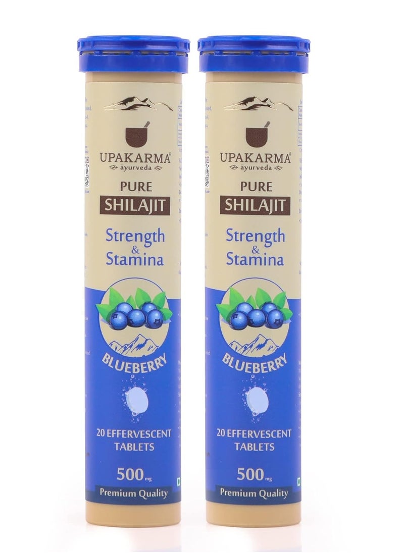 UPAKARMA Shilajit Blueberry Flavour Effervescent - 20 Tablets | Helps to Boost Strength & Stamina | Travel Friendly & Lab Tested | Dissolve in 60 Sec, Pack of 2