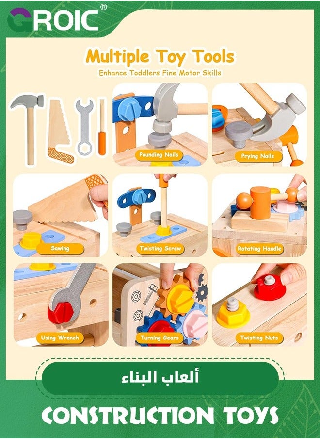 Kids Tool Set with Apron, Wooden Toddler Bench Montessori Toys, 39 PCS Educational STEM Construction Toys Pretend Play Birthday Gift for