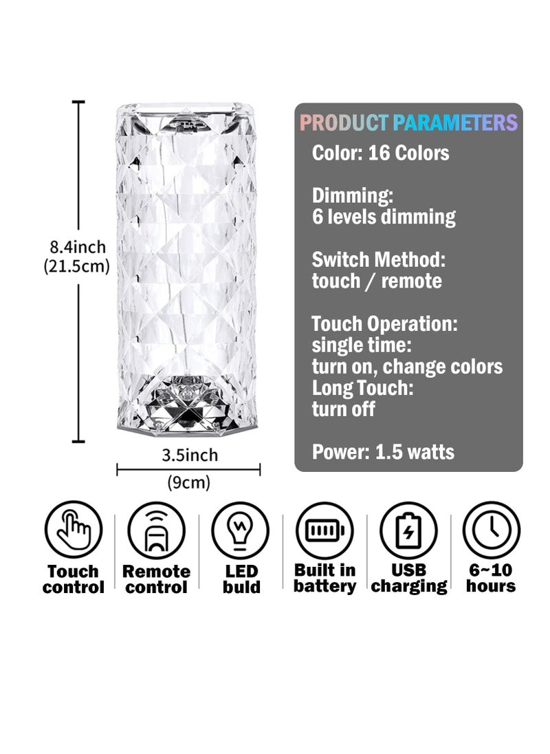 Table Lamp 16 Colors Adjustable, 6 Brightness, Crystal Lamp for Bedroom Living Room, Bedside Lamp, Nightstand Light with USB-C Charing Touch and Remote Control