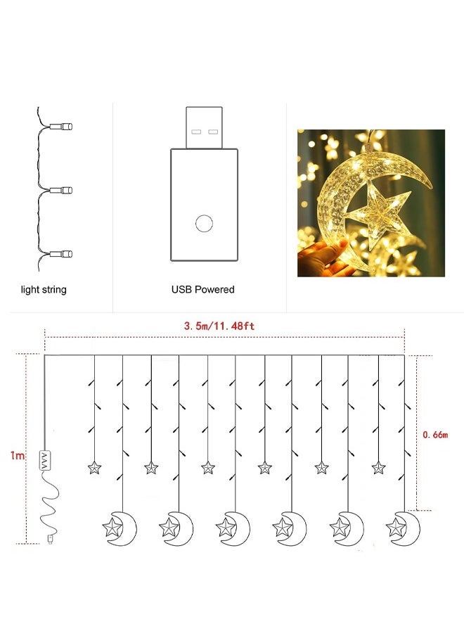 Ramadan Decorations, Ramadan Light Star Moon Fairy Lights with USB Control & Battery Case for Home Curtain Indoor Holiday Ramadan Lighting, 3.5M 8 Modes