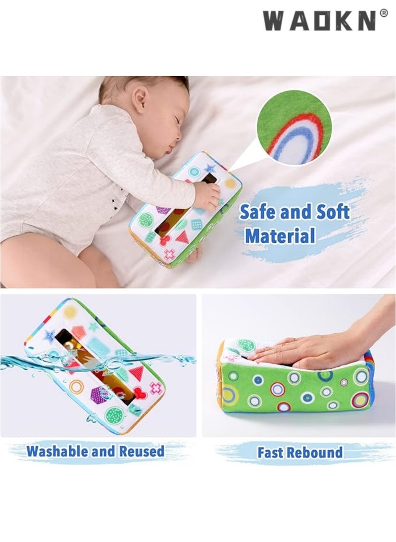 Montessori Toys 1 Year and Above, Tissue Box Toy for Baby with 10 Coloured Cloths & 6 Crinkle Cloths, Montessori Sensory Toys for Baby 6-36 Months
