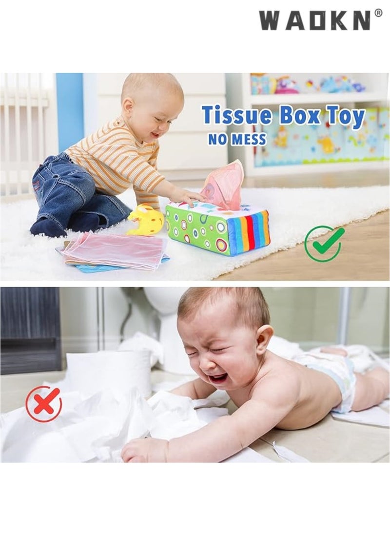 Montessori Toys 1 Year and Above, Tissue Box Toy for Baby with 10 Coloured Cloths & 6 Crinkle Cloths, Montessori Sensory Toys for Baby 6-36 Months