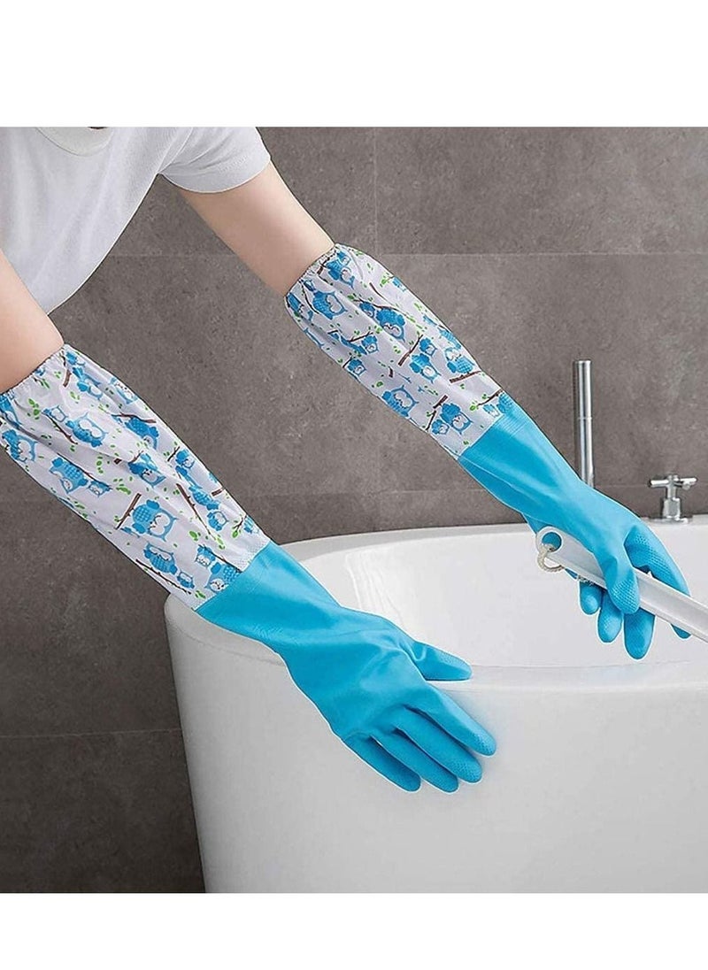 1 Pair of Rubber Gloves for Pond Gutter Drain Cleaning - Long Arm - One Size – Blue Pattern Pond Gloves Antiskid Long Rubber Gloves Drain Gloves Long Sleeve Waterproof Gloves