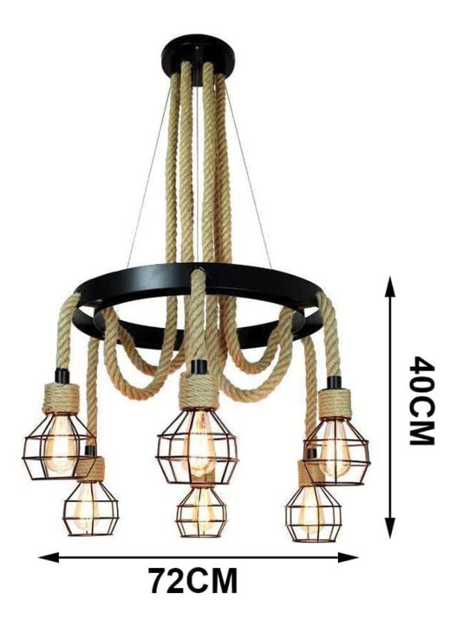 A F N LIGHTINGS Modern Vintage Industrial Chandelier, 6-Light Pendant Lighting Fixture with Cage and Hemp Rope Design, Height Adjustable Wrought Iron Hanging Lamp for Restaurant, Kitchen Island