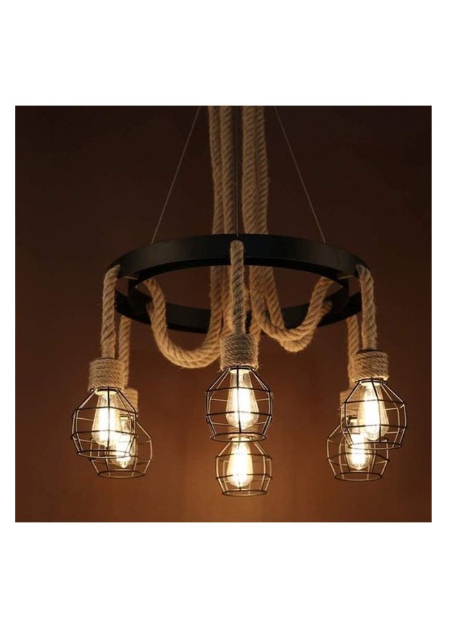 A F N LIGHTINGS Modern Vintage Industrial Chandelier, 6-Light Pendant Lighting Fixture with Cage and Hemp Rope Design, Height Adjustable Wrought Iron Hanging Lamp for Restaurant, Kitchen Island