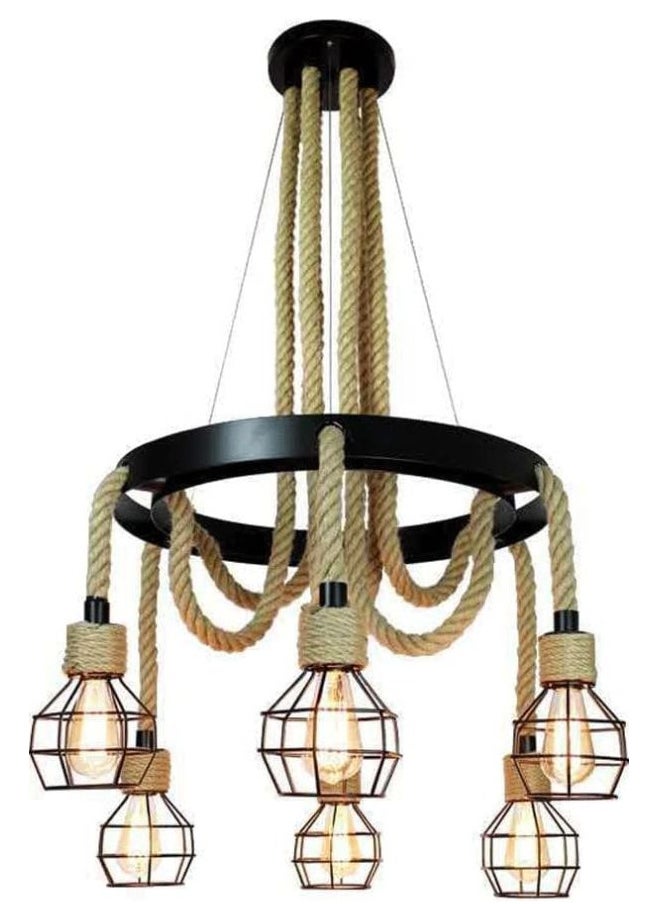 A F N LIGHTINGS Modern Vintage Industrial Chandelier, 6-Light Pendant Lighting Fixture with Cage and Hemp Rope Design, Height Adjustable Wrought Iron Hanging Lamp for Restaurant, Kitchen Island