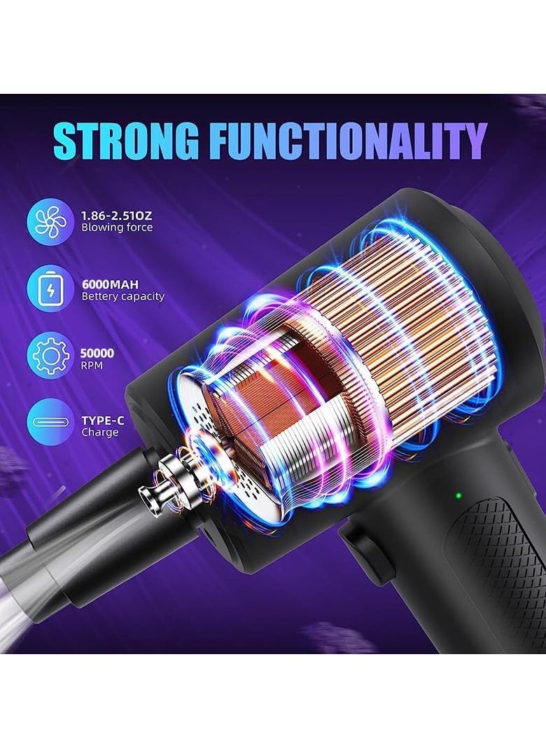 3-Speed Electric Air Duster - Cordless Air Blower with LED Light,Portable Dust Cleaner for Keyboard, Laptop, Car Interiors | Type-C Fast Charging & 5 Nozzle Attachments&3 brushes (Black)