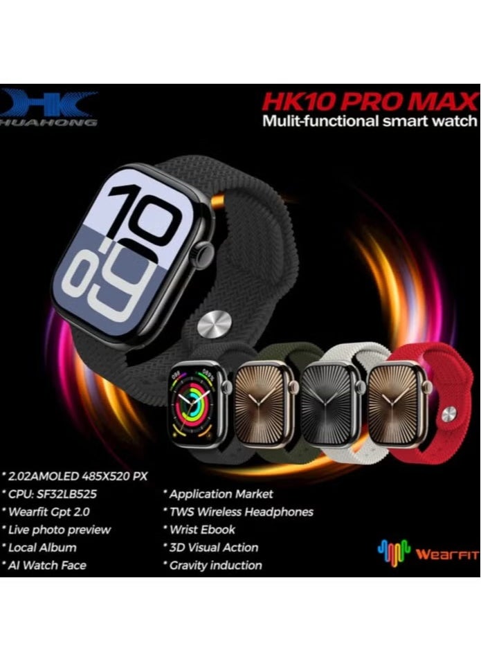 HK10 Pro Max Smartwatch – 2.02 Inches Large Screen, 3D Visual Action, Massive Colorful Straps, Fitness & Health Tracker, Bluetooth, IP67 Waterproof, for Men & Women