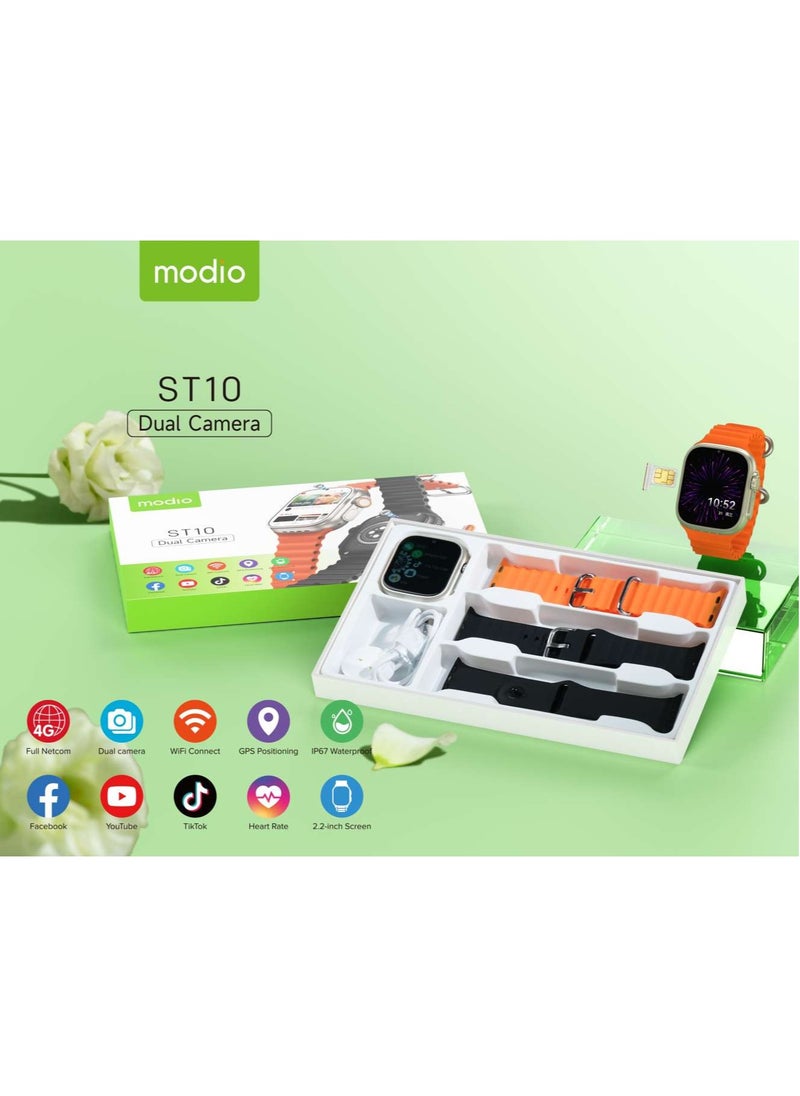 Modio ST10 Smartwatch with 2.2 Inch Display Dual Camera Sim Card Slot and 3 Pair Straps Designed for Ladies and Gents Silver