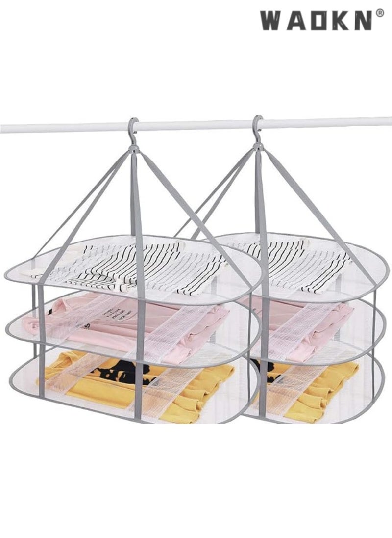 2 Pcs Folding Hanging Dryer for Sweater, Delicates, Swimsuit, T-Shirt - Windproof Design of 3-Tier Mesh Drying Surface with Fixing Band - Sturdy