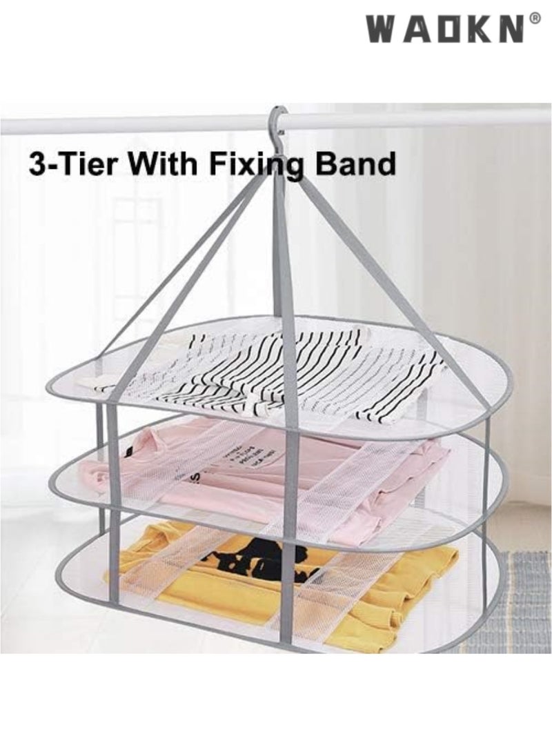 2 Pcs Folding Hanging Dryer for Sweater, Delicates, Swimsuit, T-Shirt - Windproof Design of 3-Tier Mesh Drying Surface with Fixing Band - Sturdy