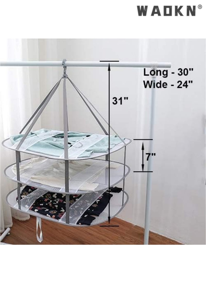 2 Pcs Folding Hanging Dryer for Sweater, Delicates, Swimsuit, T-Shirt - Windproof Design of 3-Tier Mesh Drying Surface with Fixing Band - Sturdy