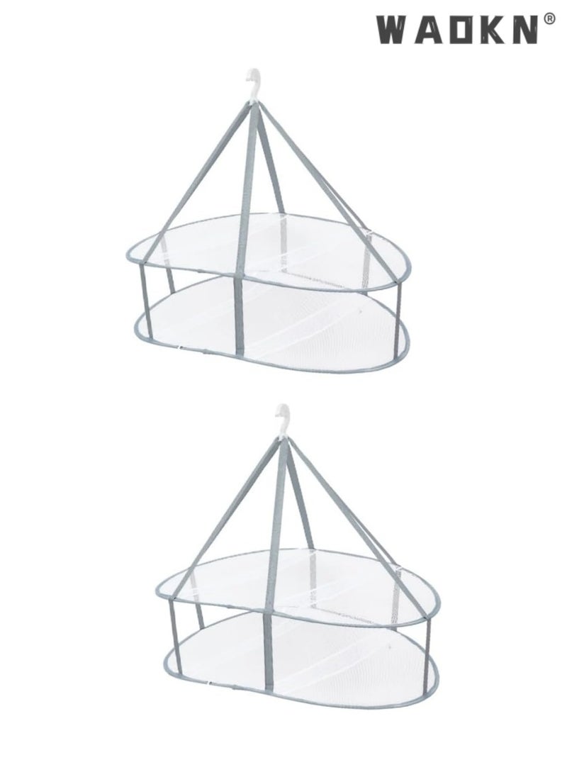 2 Pcs Folding Hanging Dryer for Sweater, Delicates, Swimsuit, T-Shirt - Windproof Design of 2-Tier Mesh Drying Surface with Fixing Band - Sturdy