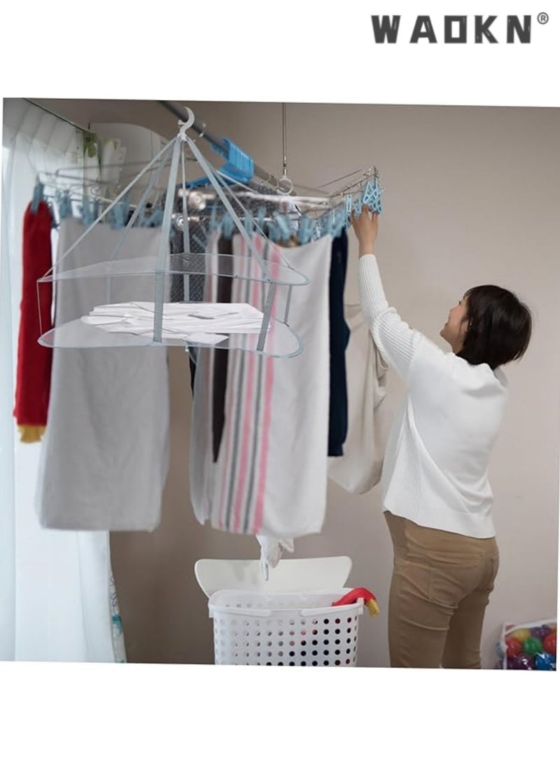 2 Pcs Folding Hanging Dryer for Sweater, Delicates, Swimsuit, T-Shirt - Windproof Design of 2-Tier Mesh Drying Surface with Fixing Band - Sturdy