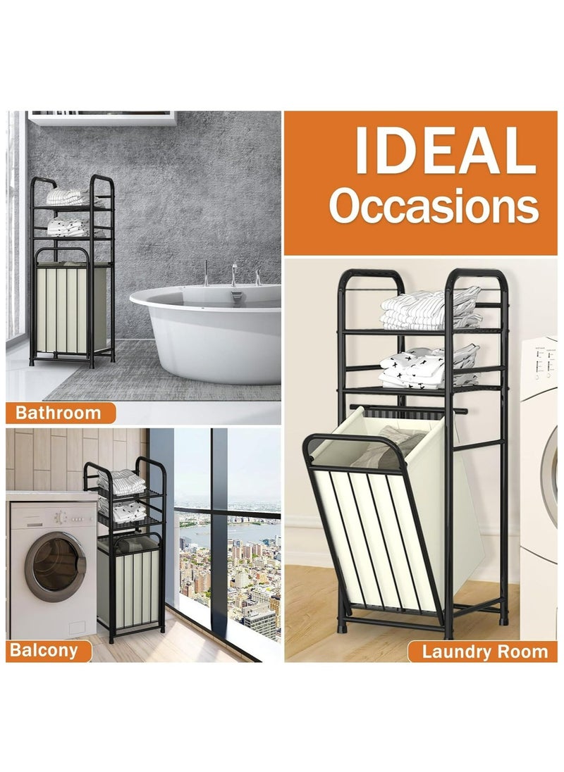 Storage Rack With Tilting Dirty Clothes Basket,With Removable Liner Bag,Multi Layer Rack Bathroom Laundry Room Clothing Storage (H-Laundry Hamper)