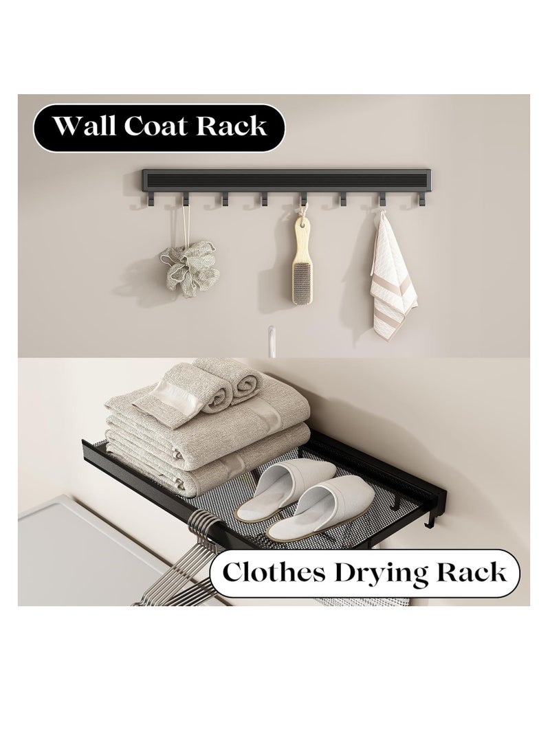 Wall Mounted Clothes Drying Rack,Laundry Drying Rack Collapsible,with Net Retractable Foldable Clothes Drying Rack Laundry Drying Rack Lay Flat to Dry Thickened Aluminum Collapsible Rack for Shoes Socks Underwear No Punching Required,60cm Wide Space Aluminum Foldable Hanging Coat Rack With 8 Towel Hooks(black) ﻿