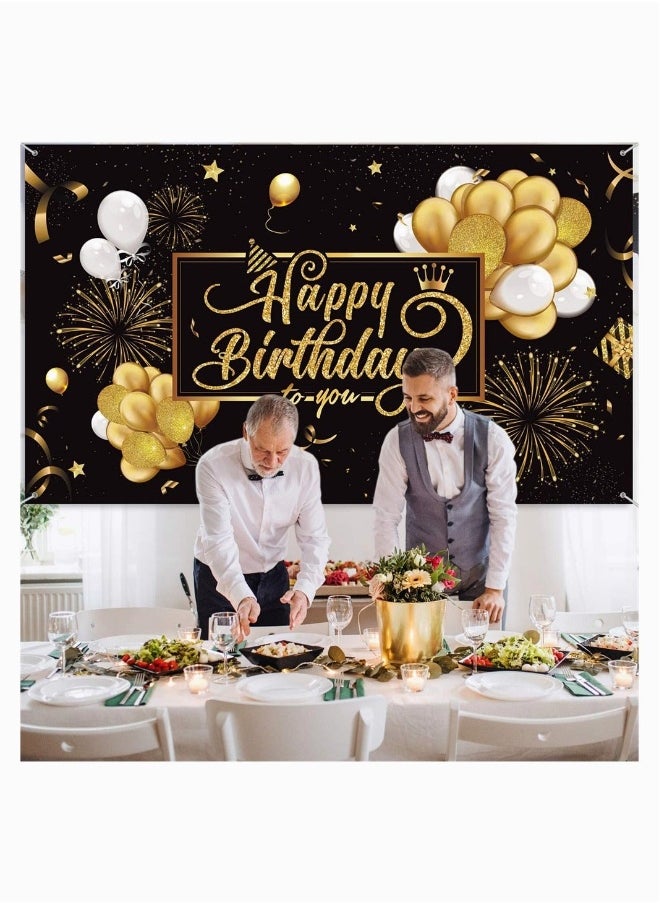 Birthday Backdrop Banner,  Large Black Gold Balloon Star Fireworks Party Sign Poster Photo Booth Backdrop for Men Women Birthday Party Decorations, 72.8 x 43.3 Inch