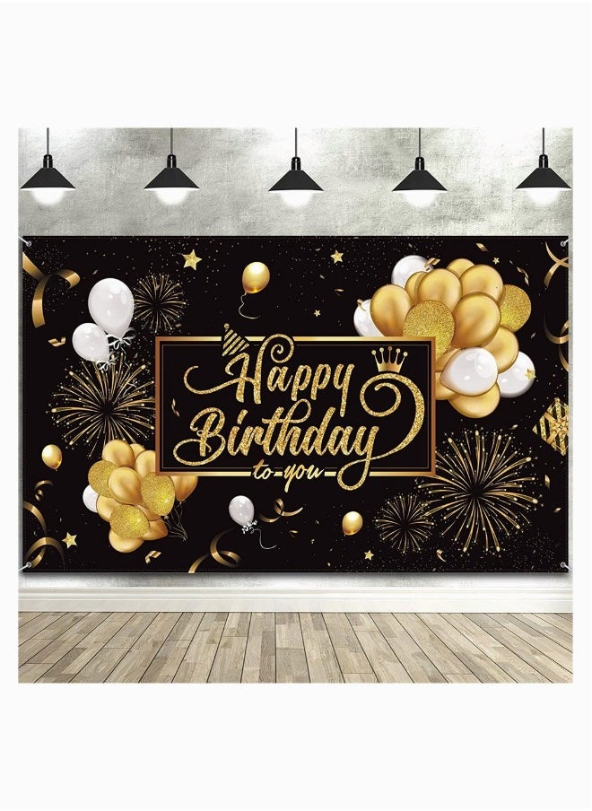 Birthday Backdrop Banner,  Large Black Gold Balloon Star Fireworks Party Sign Poster Photo Booth Backdrop for Men Women Birthday Party Decorations, 72.8 x 43.3 Inch