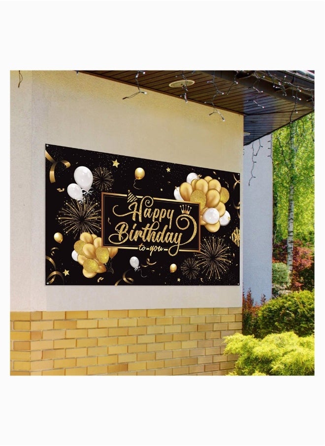 Birthday Backdrop Banner,  Large Black Gold Balloon Star Fireworks Party Sign Poster Photo Booth Backdrop for Men Women Birthday Party Decorations, 72.8 x 43.3 Inch