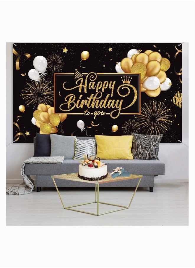 Birthday Backdrop Banner,  Large Black Gold Balloon Star Fireworks Party Sign Poster Photo Booth Backdrop for Men Women Birthday Party Decorations, 72.8 x 43.3 Inch