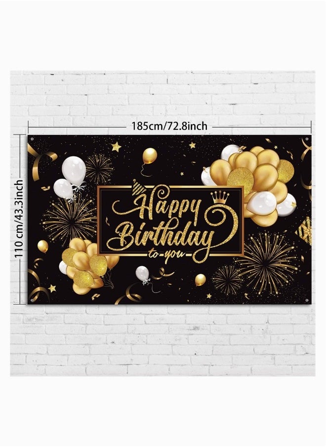 Birthday Backdrop Banner,  Large Black Gold Balloon Star Fireworks Party Sign Poster Photo Booth Backdrop for Men Women Birthday Party Decorations, 72.8 x 43.3 Inch