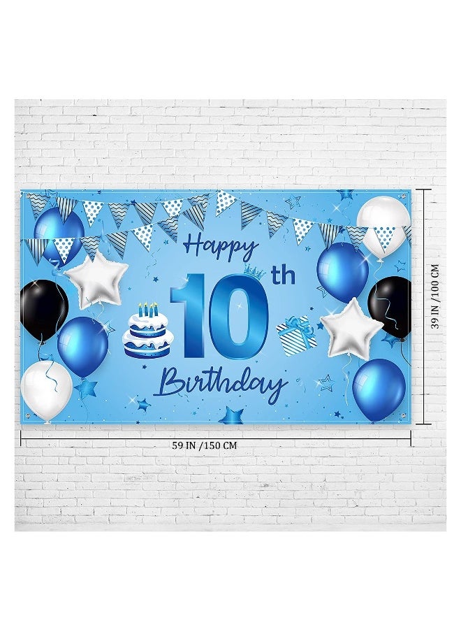 Happy Birthday Backdrop Banner 10th Birthday Extra Large Fabric Blue Birthday Sign Poster Photography Background Backdrop Banner for Anniversary Party Decoration Supply