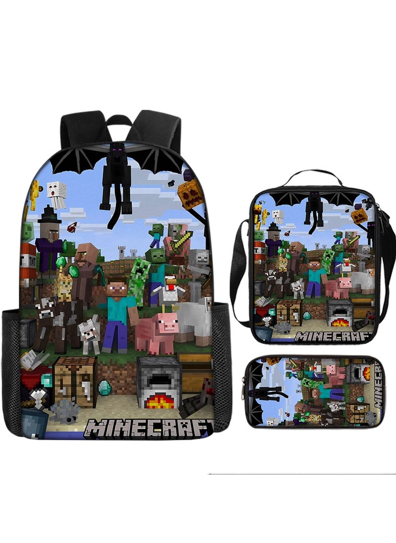 Printed backpack polyester schoolbag large-capacity cross-body bag student-W02-: square world Minecraft (universal standard three-piece set)