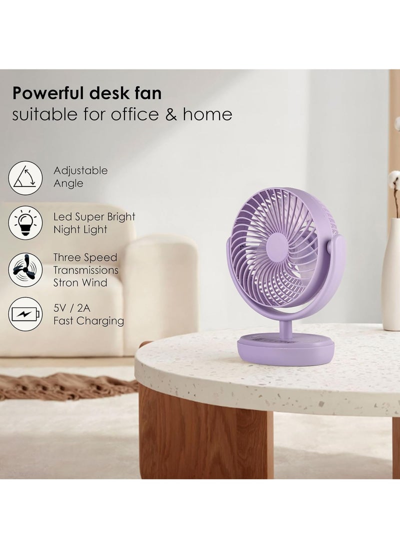 Table Fan High Speed With Led Light Powerful Rechargeable Fan With 3 Speed Airflow Noiseless Portable Fan For Home Office Kitchen 6 Inch 3000 Mah Charging Battery Fan For Desk