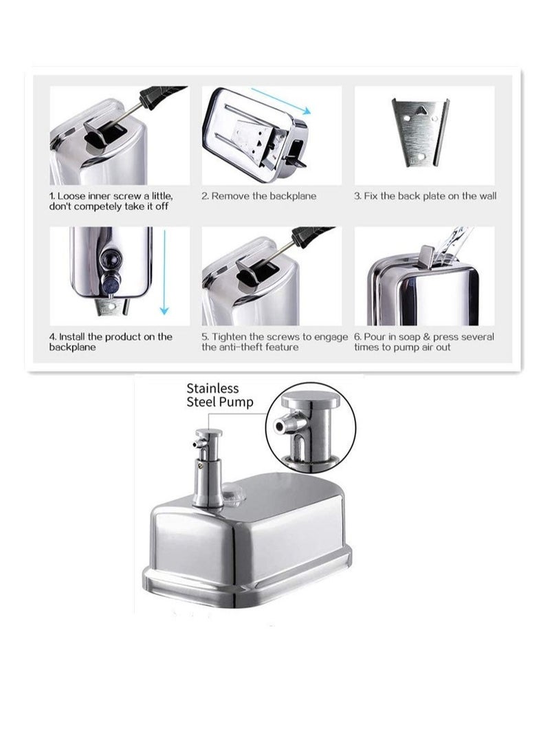 Wall Mount Hand Soap Dispenser, Commercial Soap Dispenser,Stainless Steel Soap Dispenser for Bathroom Kitchen Marketplace Hotel Restaurant (500ml)