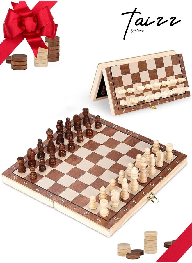 2 in 1 Wooden Magnetic Chess Set and Checkers Board Game