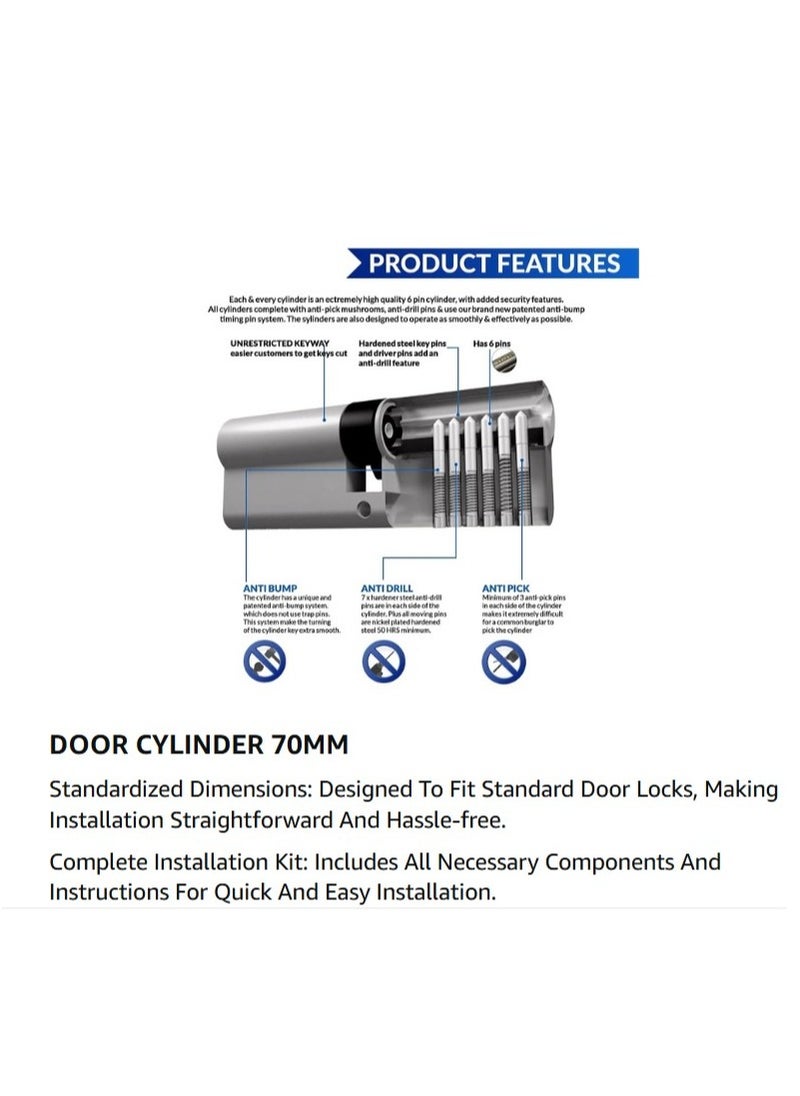 Door Cylinder (70mm) with 3 Key & Screwdriver