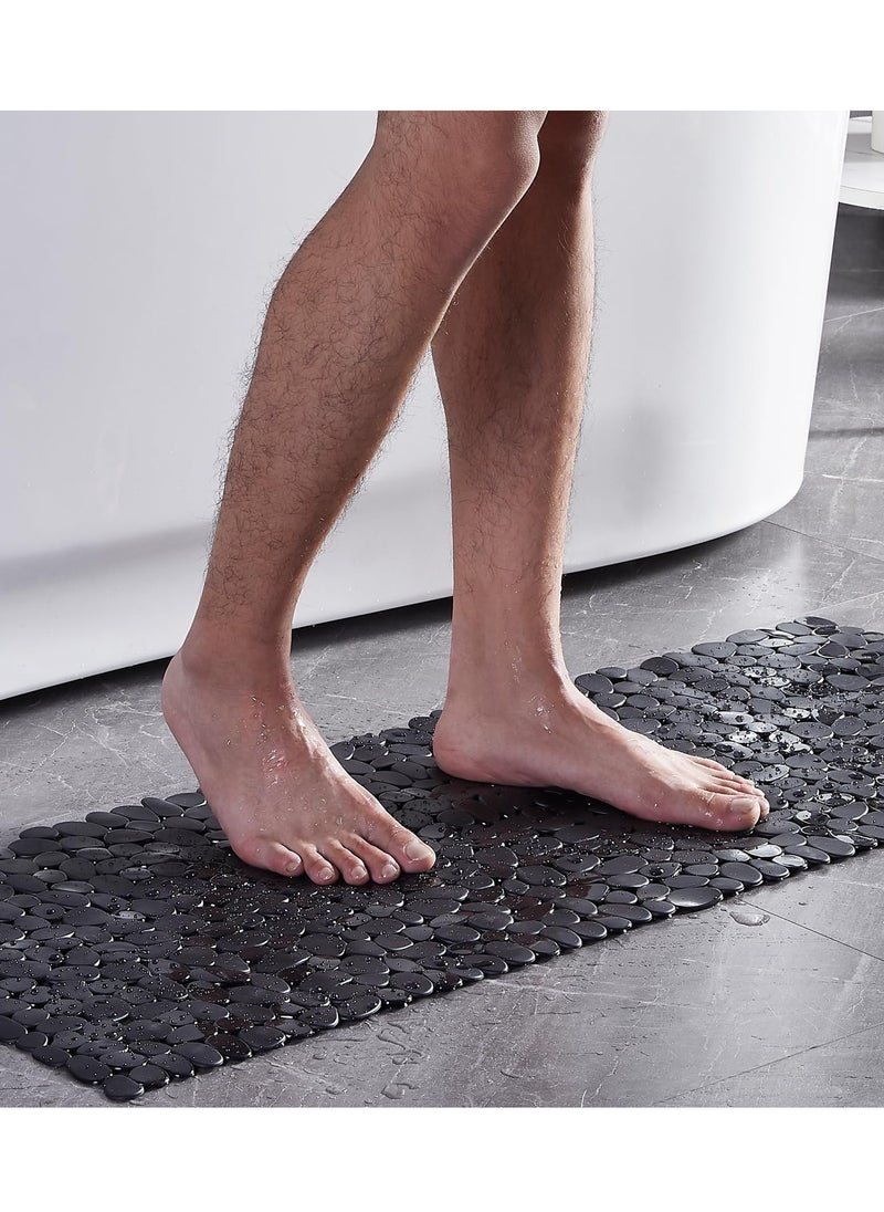 Non-Slip Bathtub Mat, Extra Large Pebble Bathtub Mat, Pebble Pattern Bath Mat, with Drain Holes and Suction Cups, Anti Slip Shower Matt, 88 * 40cm, Black