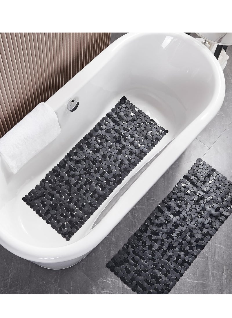 Non-Slip Bathtub Mat, Extra Large Pebble Bathtub Mat, Pebble Pattern Bath Mat, with Drain Holes and Suction Cups, Anti Slip Shower Matt, 88 * 40cm, Black