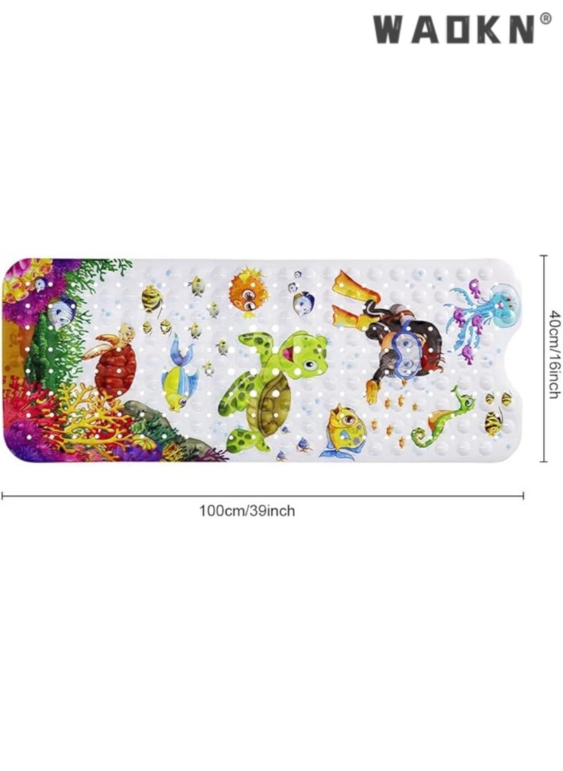 Bath Mat for Kids Toddler Baby, Extra Long 100x40cm Non-Slip Baby Shower Bath Mat with Suction Cups (Ocean Animal-Vertical)
