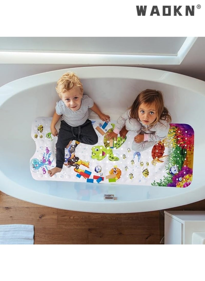 Bath Mat for Kids Toddler Baby, Extra Long 100x40cm Non-Slip Baby Shower Bath Mat with Suction Cups (Ocean Animal-Vertical)
