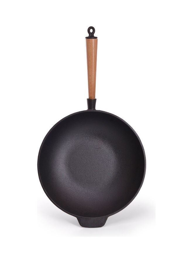 Wok With Wooden Handle with Glass Lid Cast Iron 30x8.5cm/4LTR Black