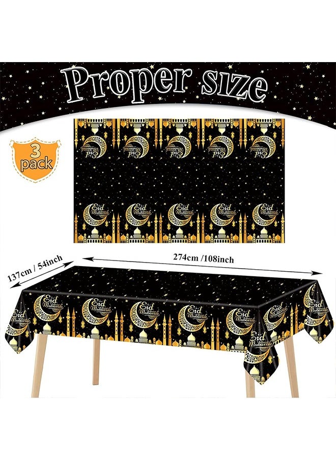 3Pcs Disposable Ramadan Decorations Black Gold Ramadan Tablecloths, Ramadan Table Cover for Family Gatherings and Party Supplies