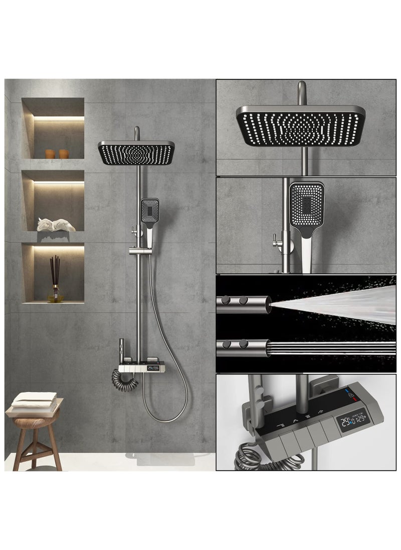 Shower System with LED Digital Display Shower Faucet Set Wall Mount Rain Mixer Shower Combo Set 4 Way Shower Fixture with Rain Shower Head,3 Mode Handheld Shower,Bidet Shower,Tub Spout Grey