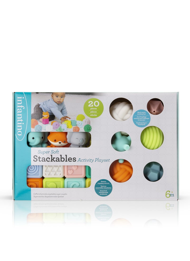 Super Soft Stackables Activity Playset Gift Set - Textured Sensory Balls, Blocks & Animal Buddies 20 Pcs